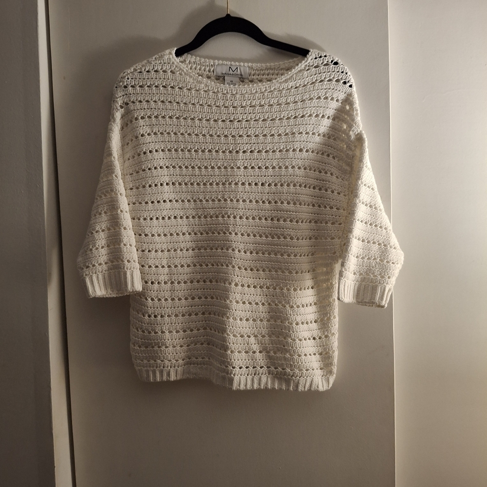 Magaschoni Women's White Cropped Crochet Knit Sweater